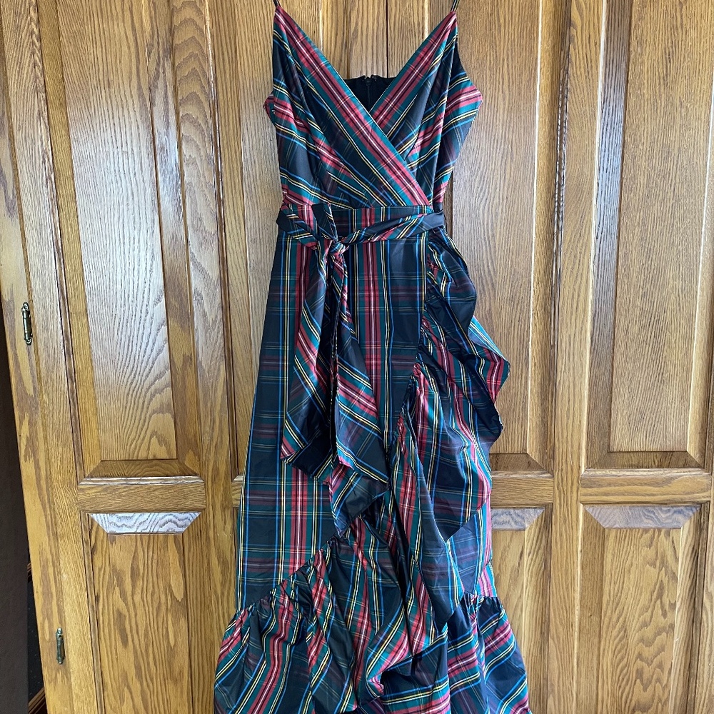 NWT  J. CREW  spaghetti strap ruffle maxi dress in Stewart tartan taffeta size 0